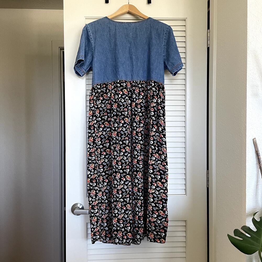 VTG 90s No Boundaries Button Down Floral + Denim Babydoll Dress M Grunge Cottage - Picture 4 of 11